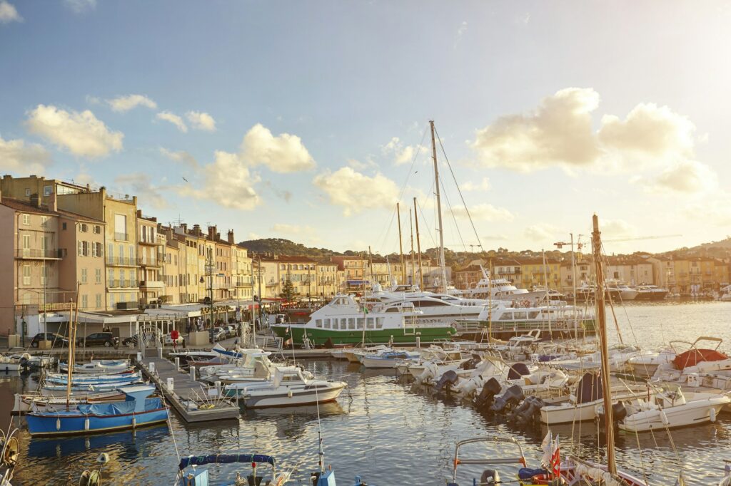 View of harbour boats and waterfront, St Tropez, Cote d'Azur, France